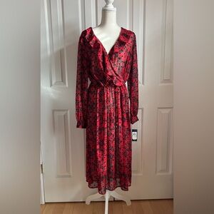 NWT TOMMY HILFIGER Floral Midi Dress, Red with Black Velvet Polka Dots, Size Med